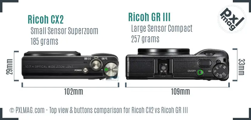 Ricoh CX2 vs Ricoh GR III top view buttons comparison