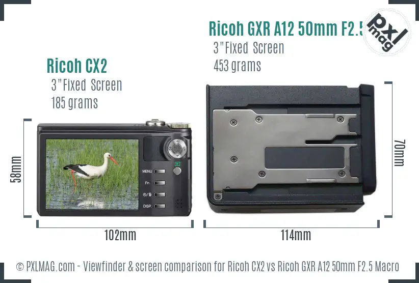 Ricoh CX2 vs Ricoh GXR A12 50mm F2.5 Macro Screen and Viewfinder comparison