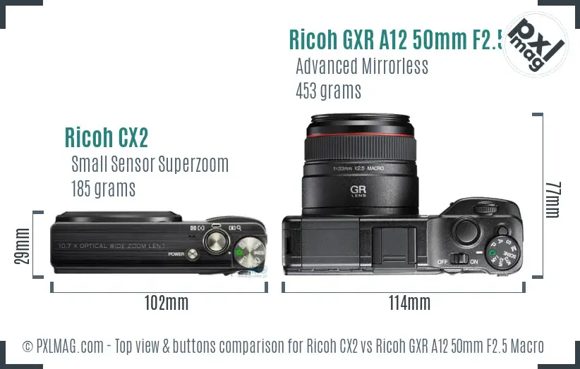 Ricoh CX2 vs Ricoh GXR A12 50mm F2.5 Macro top view buttons comparison