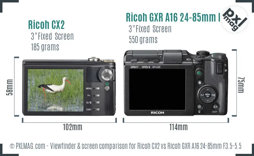 Ricoh CX2 vs Ricoh GXR A16 24-85mm F3.5-5.5 Screen and Viewfinder comparison