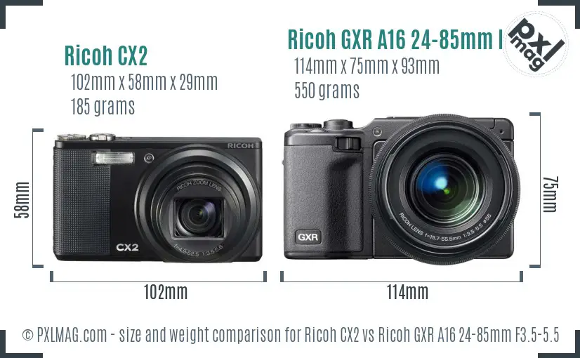 Ricoh CX2 vs Ricoh GXR A16 24-85mm F3.5-5.5 size comparison