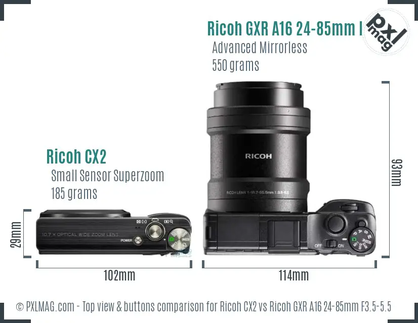 Ricoh CX2 vs Ricoh GXR A16 24-85mm F3.5-5.5 top view buttons comparison