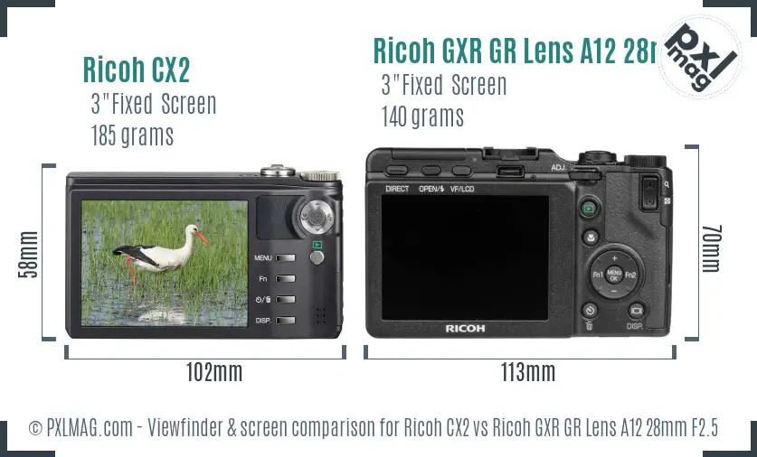 Ricoh CX2 vs Ricoh GXR GR Lens A12 28mm F2.5 Screen and Viewfinder comparison