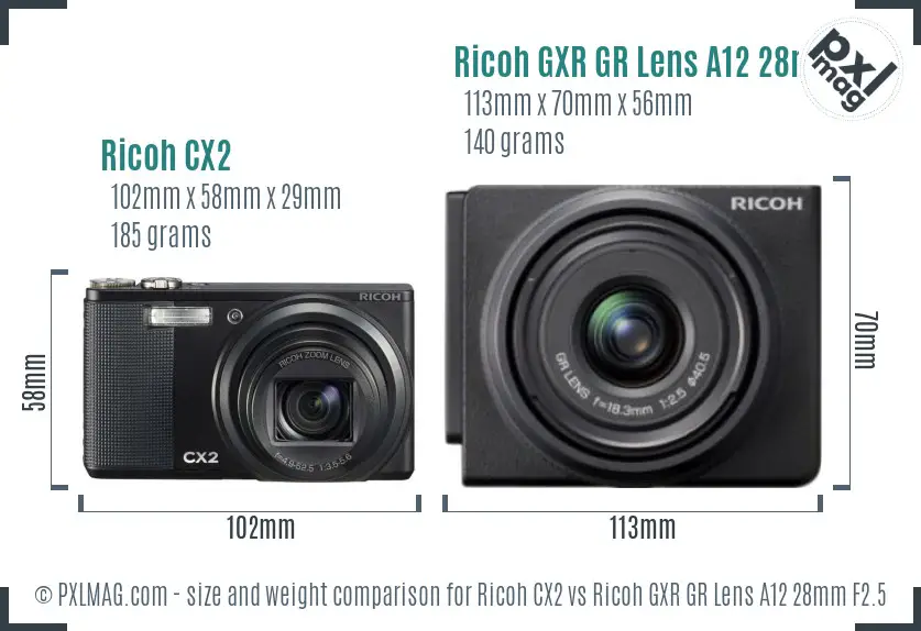 Ricoh CX2 vs Ricoh GXR GR Lens A12 28mm F2.5 size comparison