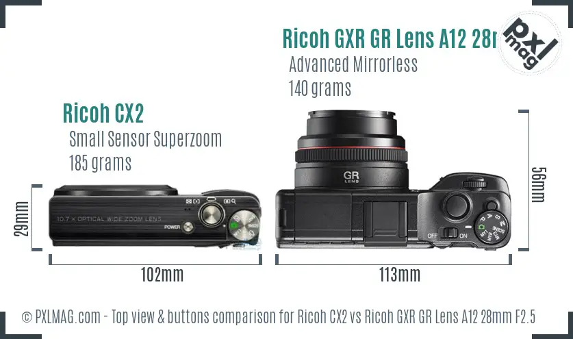 Ricoh CX2 vs Ricoh GXR GR Lens A12 28mm F2.5 top view buttons comparison