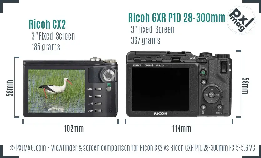 Ricoh CX2 vs Ricoh GXR P10 28-300mm F3.5-5.6 VC Screen and Viewfinder comparison