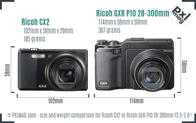 Ricoh CX2 vs Ricoh GXR P10 28-300mm F3.5-5.6 VC size comparison