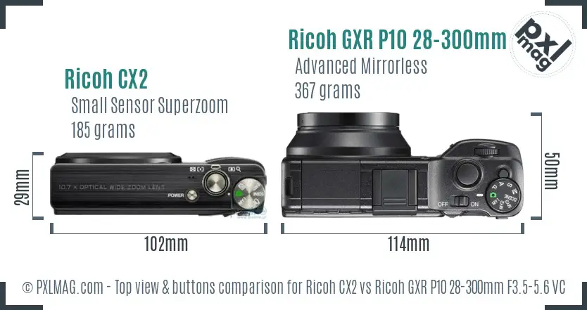 Ricoh CX2 vs Ricoh GXR P10 28-300mm F3.5-5.6 VC top view buttons comparison