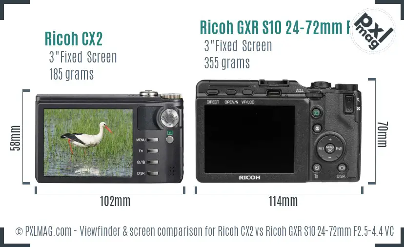 Ricoh CX2 vs Ricoh GXR S10 24-72mm F2.5-4.4 VC Screen and Viewfinder comparison