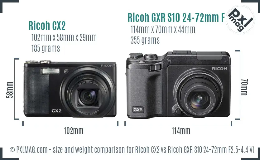 Ricoh CX2 vs Ricoh GXR S10 24-72mm F2.5-4.4 VC size comparison