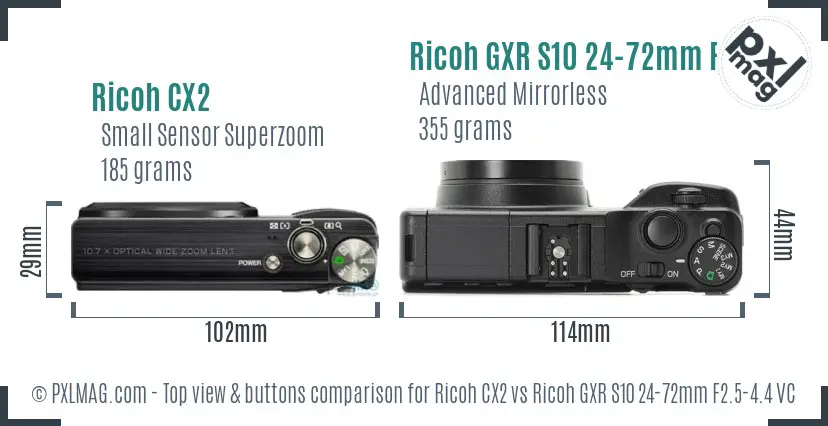 Ricoh CX2 vs Ricoh GXR S10 24-72mm F2.5-4.4 VC top view buttons comparison
