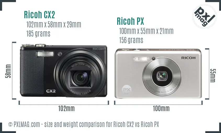 Ricoh CX2 vs Ricoh PX size comparison