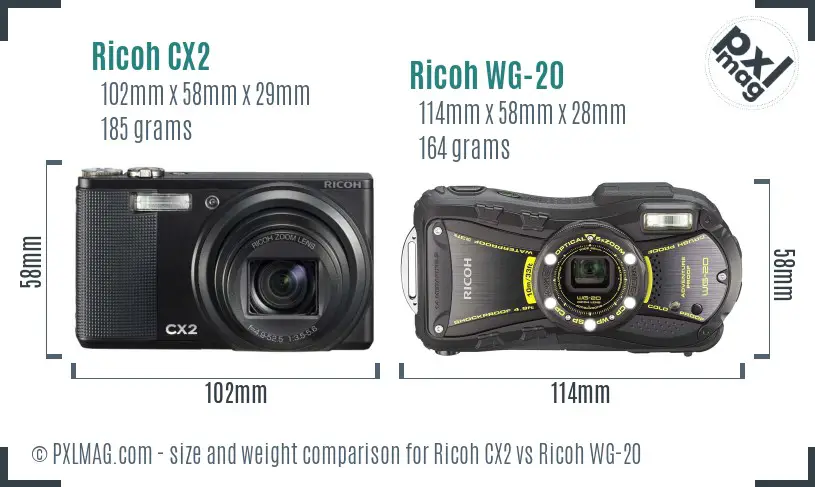 Ricoh CX2 vs Ricoh WG-20 size comparison