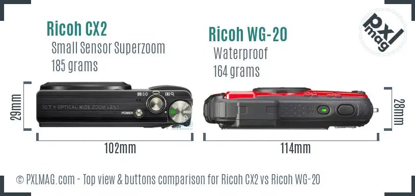 Ricoh CX2 vs Ricoh WG-20 top view buttons comparison