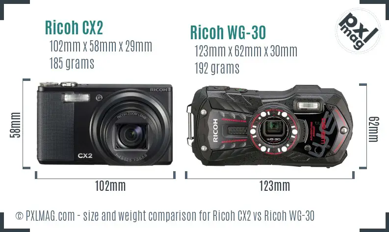 Ricoh CX2 vs Ricoh WG-30 size comparison