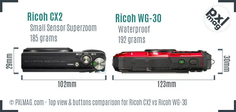 Ricoh CX2 vs Ricoh WG-30 top view buttons comparison