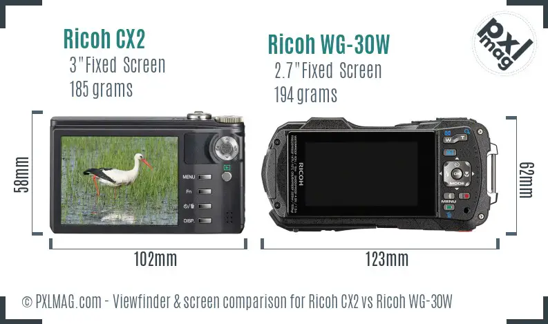 Ricoh CX2 vs Ricoh WG-30W Screen and Viewfinder comparison