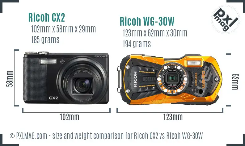 Ricoh CX2 vs Ricoh WG-30W size comparison
