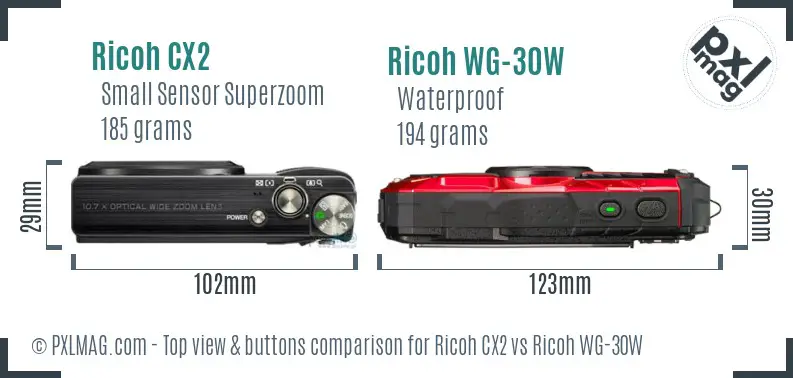 Ricoh CX2 vs Ricoh WG-30W top view buttons comparison