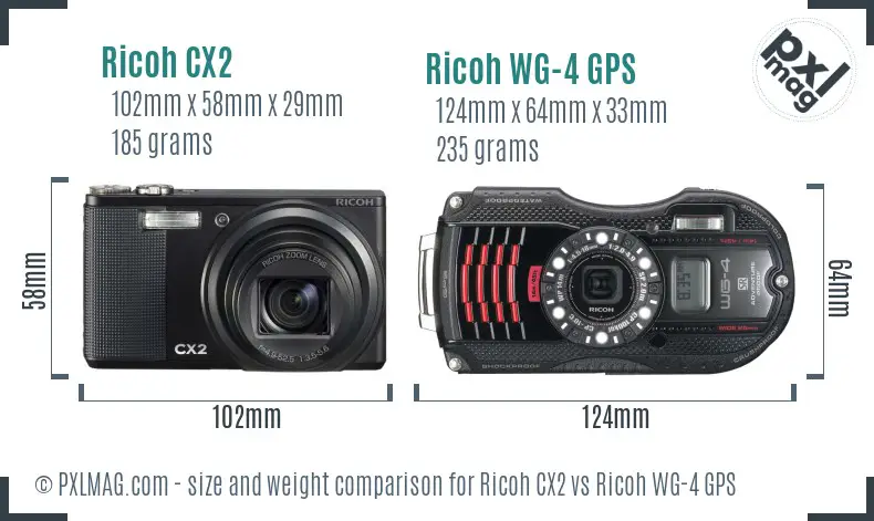 Ricoh CX2 vs Ricoh WG-4 GPS size comparison