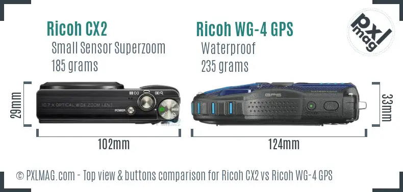 Ricoh CX2 vs Ricoh WG-4 GPS top view buttons comparison