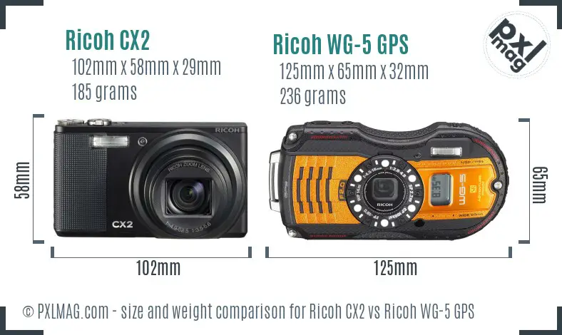 Ricoh CX2 vs Ricoh WG-5 GPS size comparison