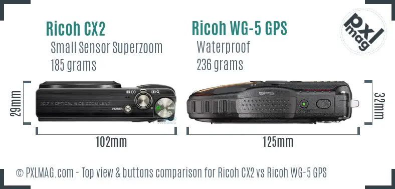 Ricoh CX2 vs Ricoh WG-5 GPS top view buttons comparison