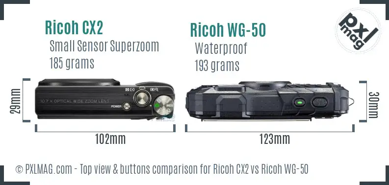 Ricoh CX2 vs Ricoh WG-50 top view buttons comparison