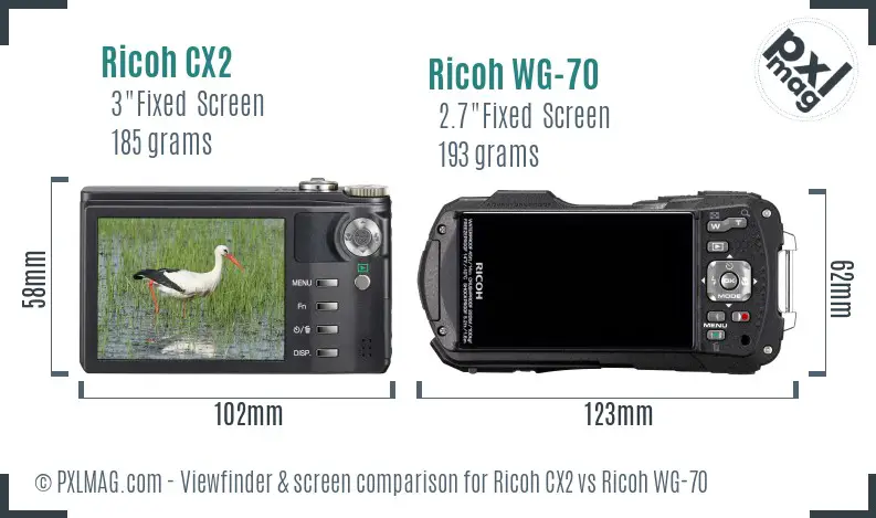 Ricoh CX2 vs Ricoh WG-70 Screen and Viewfinder comparison