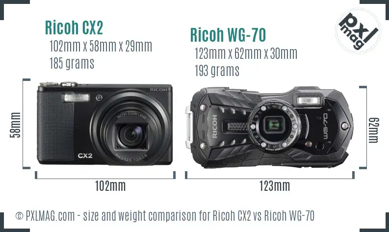 Ricoh CX2 vs Ricoh WG-70 size comparison