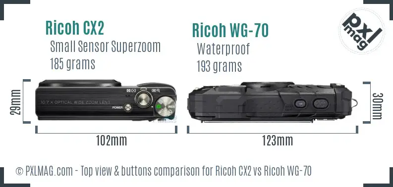 Ricoh CX2 vs Ricoh WG-70 top view buttons comparison