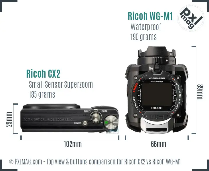 Ricoh CX2 vs Ricoh WG-M1 top view buttons comparison
