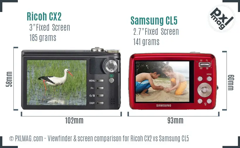 Ricoh CX2 vs Samsung CL5 Screen and Viewfinder comparison