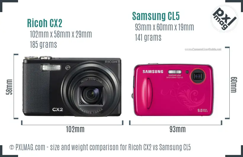 Ricoh CX2 vs Samsung CL5 size comparison
