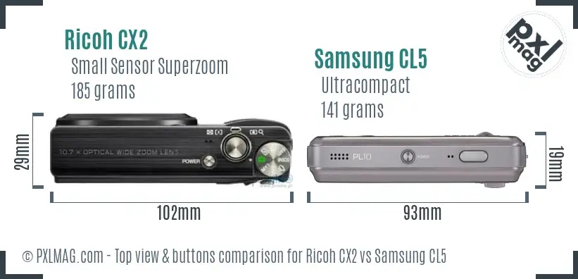 Ricoh CX2 vs Samsung CL5 top view buttons comparison