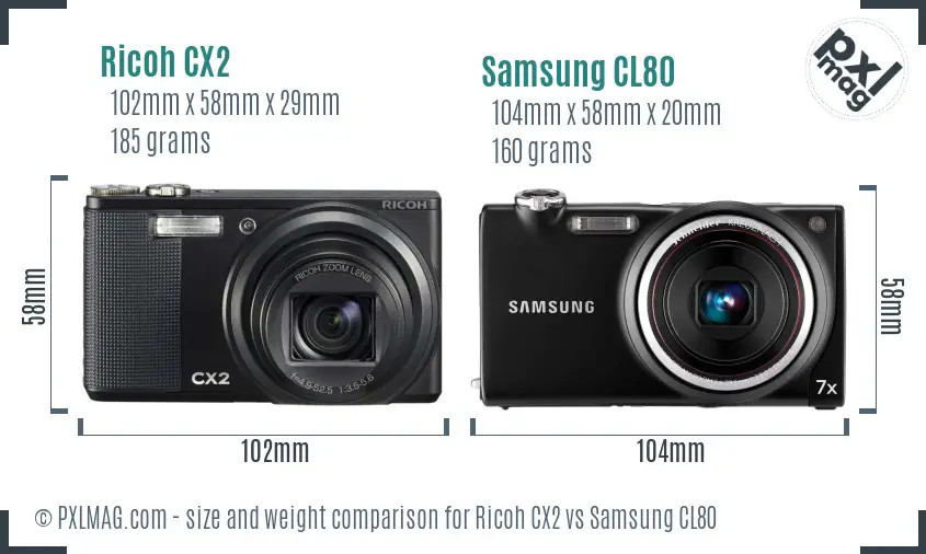 Ricoh CX2 vs Samsung CL80 size comparison