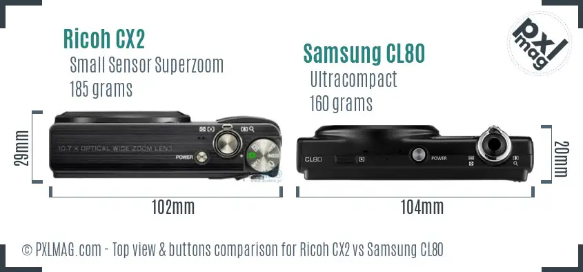 Ricoh CX2 vs Samsung CL80 top view buttons comparison