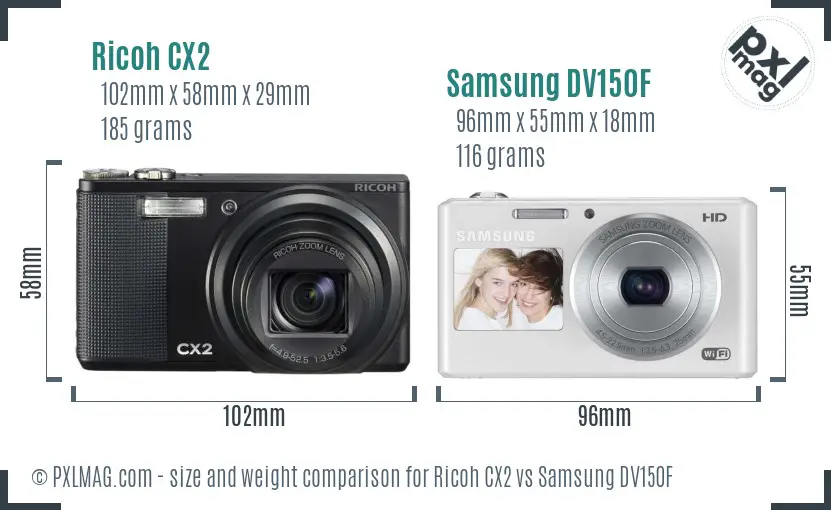 Ricoh CX2 vs Samsung DV150F size comparison