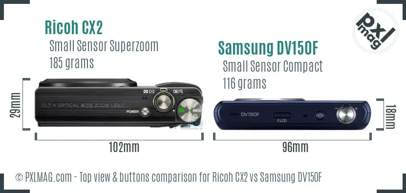 Ricoh CX2 vs Samsung DV150F top view buttons comparison