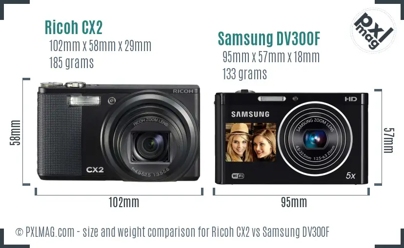 Ricoh CX2 vs Samsung DV300F size comparison