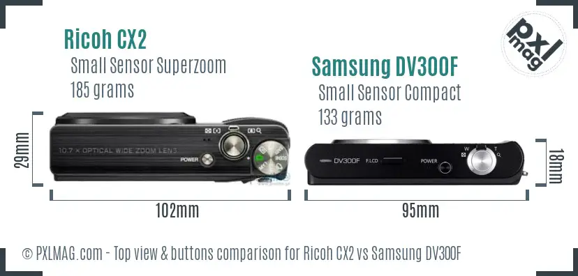 Ricoh CX2 vs Samsung DV300F top view buttons comparison