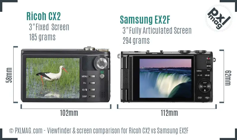 Ricoh CX2 vs Samsung EX2F Screen and Viewfinder comparison