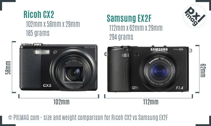 Ricoh CX2 vs Samsung EX2F size comparison