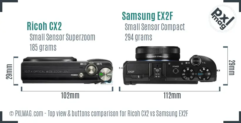 Ricoh CX2 vs Samsung EX2F top view buttons comparison