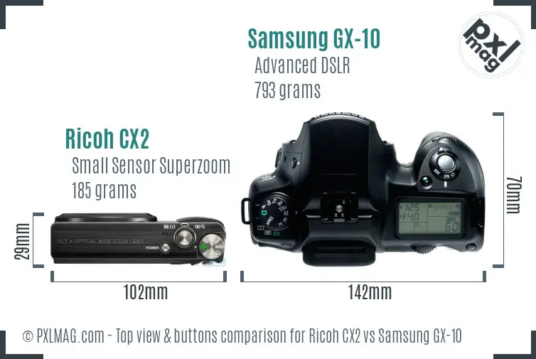 Ricoh CX2 vs Samsung GX-10 top view buttons comparison