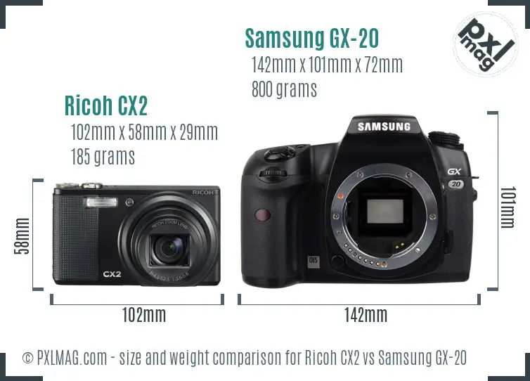 Ricoh CX2 vs Samsung GX-20 size comparison