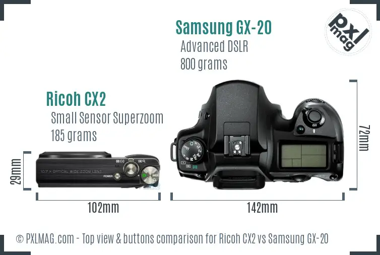 Ricoh CX2 vs Samsung GX-20 top view buttons comparison