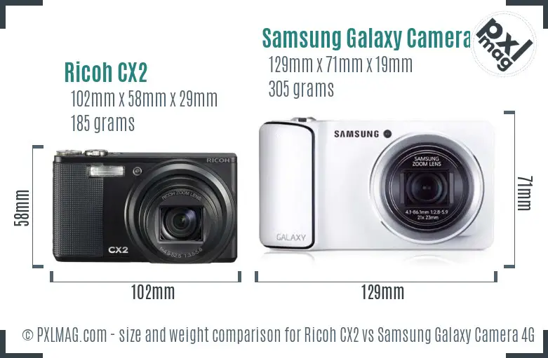 Ricoh CX2 vs Samsung Galaxy Camera 4G size comparison