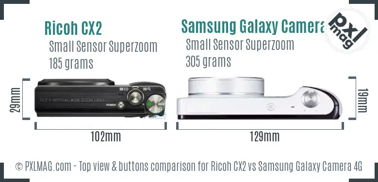 Ricoh CX2 vs Samsung Galaxy Camera 4G top view buttons comparison