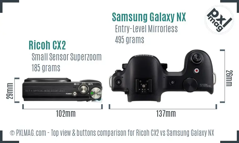 Ricoh CX2 vs Samsung Galaxy NX top view buttons comparison